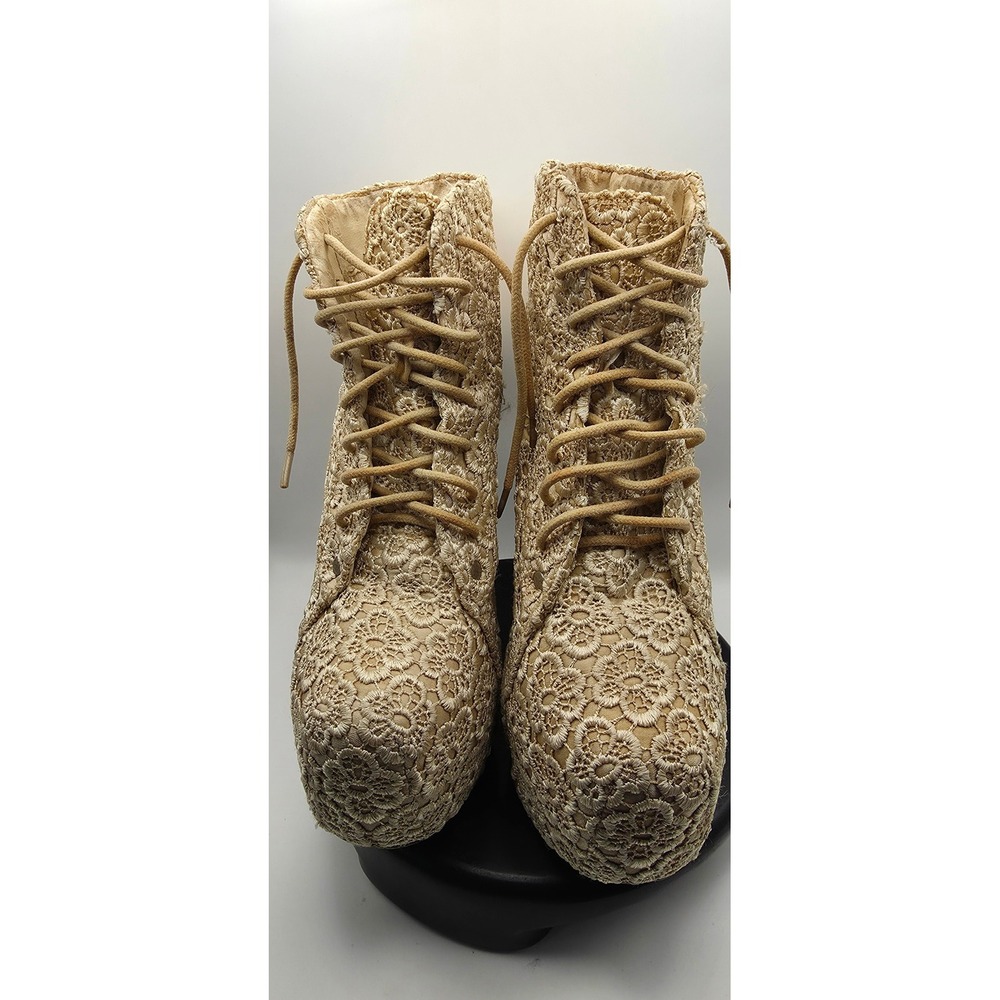 Cream Floral Crochet Lace Platform Ankle Boots Lace Up Chunky Heel Size 5.5